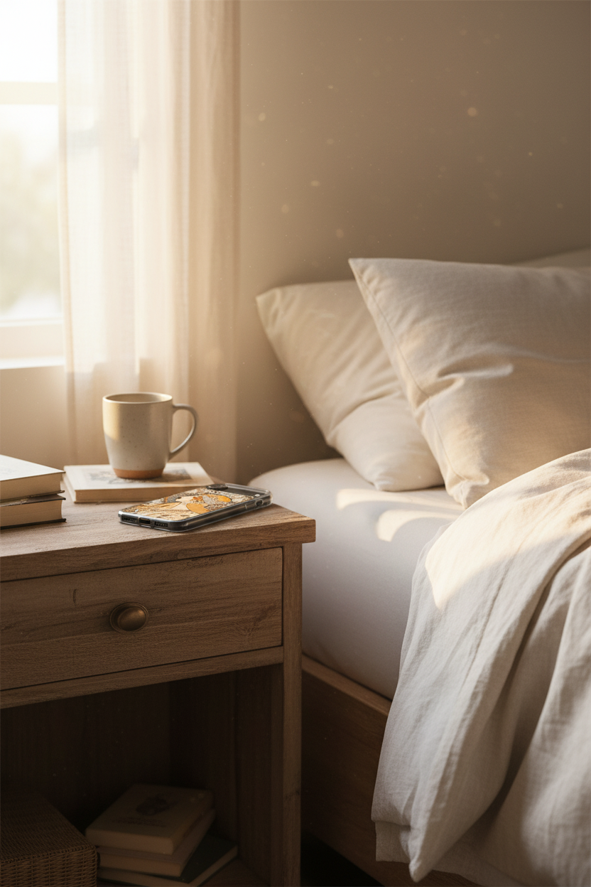 Cozy bedroom with a bed and wooden nightstand.