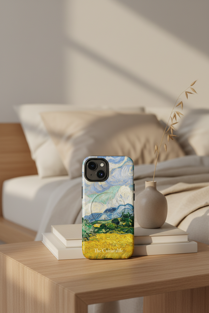 Phone case with a landscape design on a wooden table in a bedroom setting