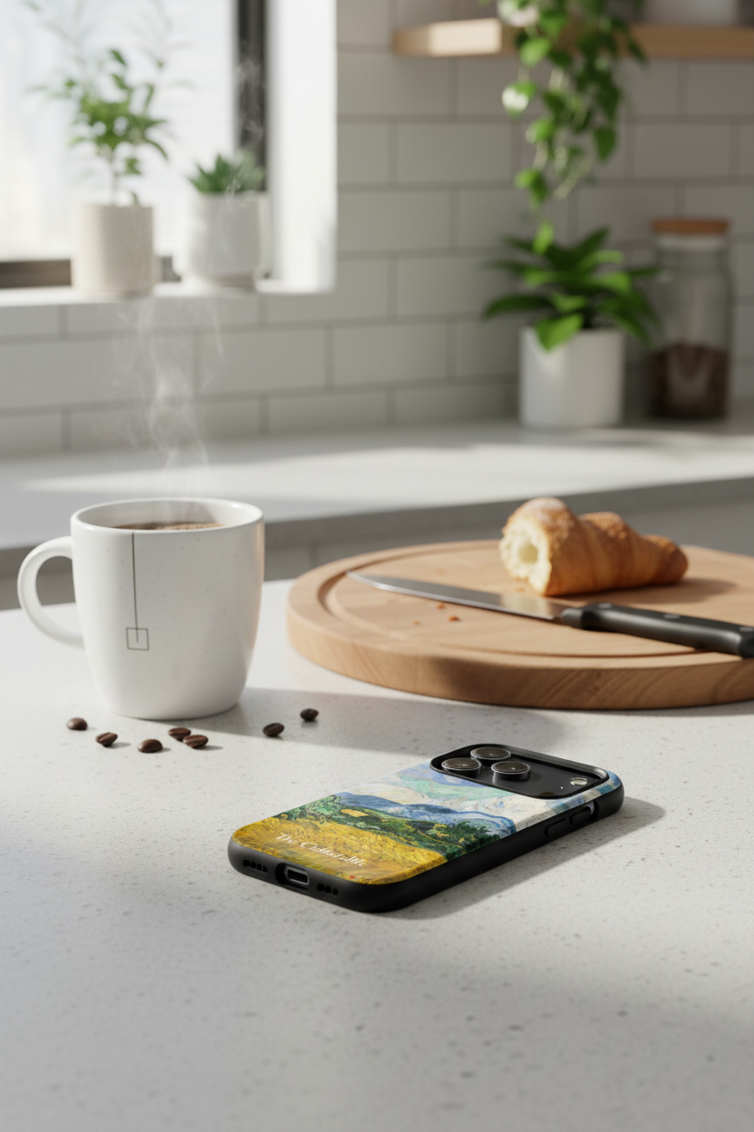 White mug with steaming coffee, croissant, and phone case on a kitchen counter.