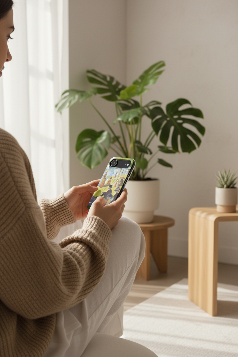 Person sitting on a couch holding a smartphone with a plant and a small table in the background.